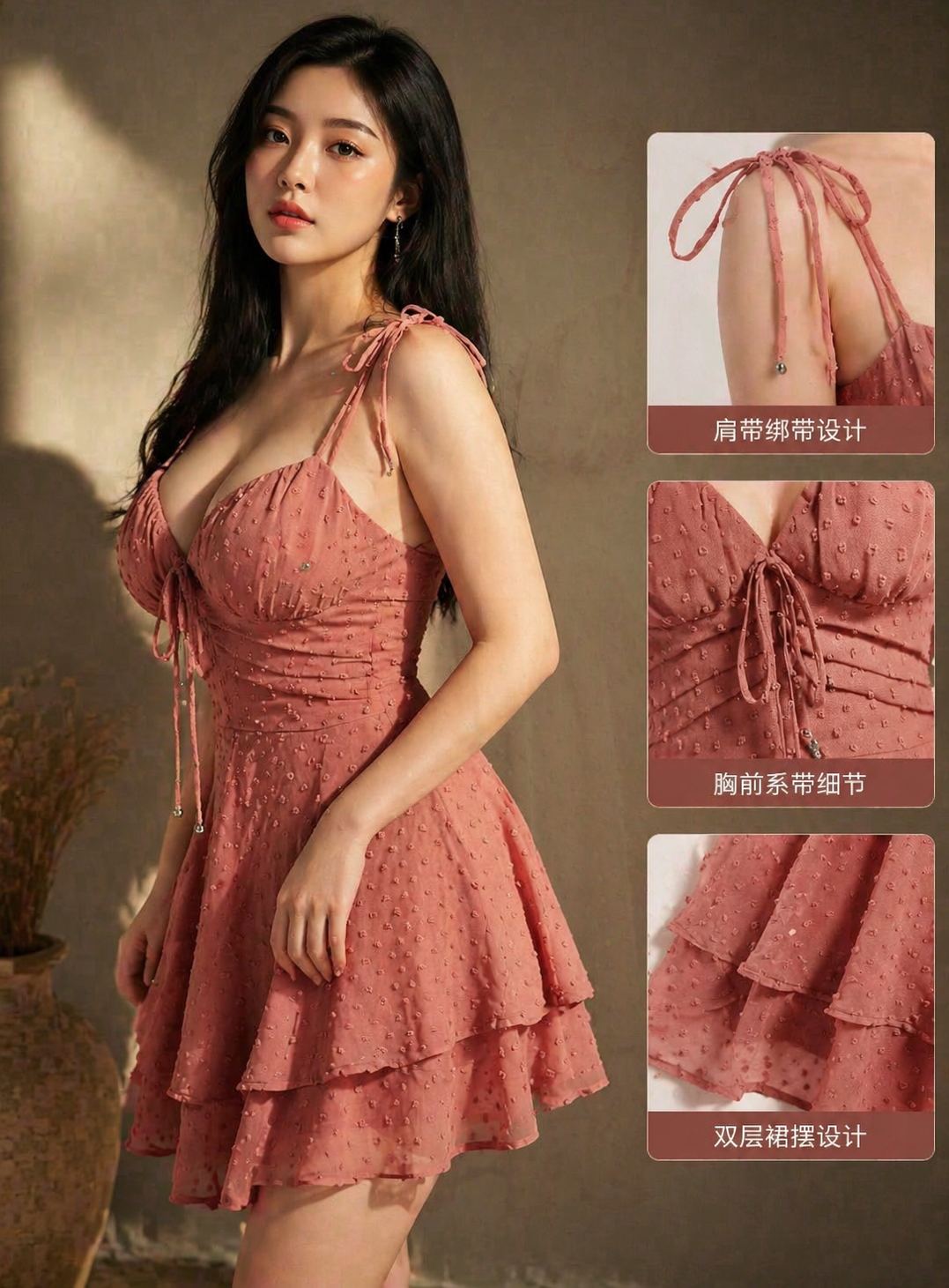 一名亚洲女性模特，黑色头发， 长且直的头发， 五官精美，身材丰满，穿着这...